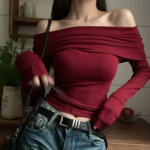 Off Shoulder Top French Collarbone Exposed Long Sleeved T-shirt Spring and Autumn High End Lining Women Clothing Aesthetic Tee