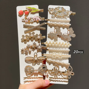 Women Girls Sweet Fashion Hair Clips Set Headband Hairpins Pearl Luxury Rhinestone Barrettes Pearls Acetate