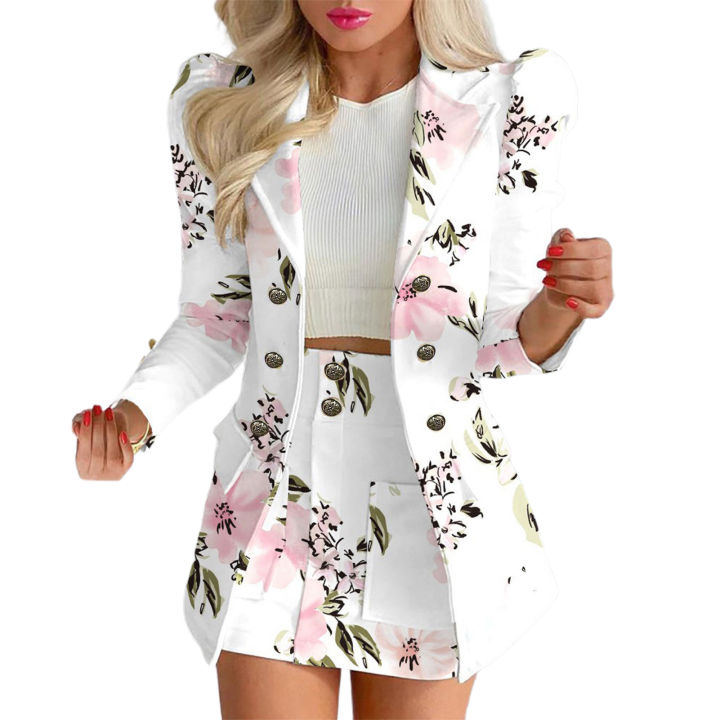 Formal Skirt Suit Women Coat Skirt Set Floral Checkered Suit Set