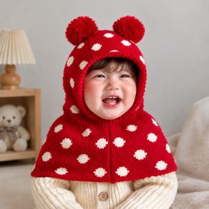 SIXIS Thickened Toddler Hooded Scarf Hat Warm Windproof Baby Warm Pompon Beanie Fashion Integrated Winter Red Knit Hat 1-3 Years