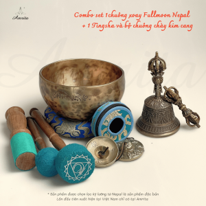 [Amrita] Combo set 1chuông xoay Fullmoon Nepal 18cm + 1 Tingsha và bộ chuông chày kim cang - CXNP61