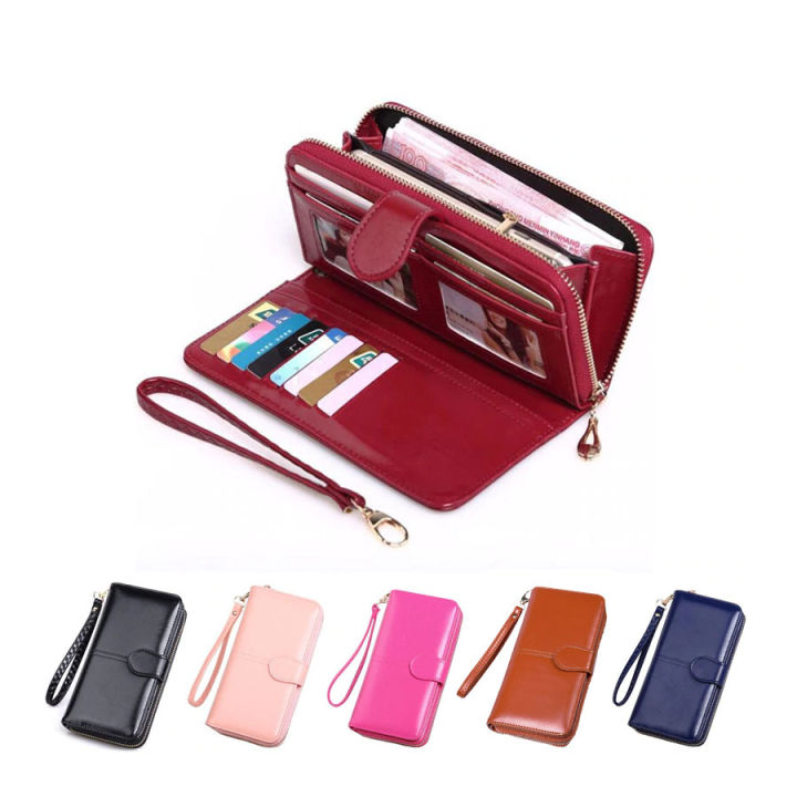 Oil wax leather zero wallet, long zippered mobile phone bag, female