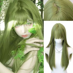 GUAIP Heat-Resistant Cosplay Wig With Bangs 24 Inch Hairpieces Synthetic Long Straight Hair Hair Accessories Invisible Fruit Green Wig Women