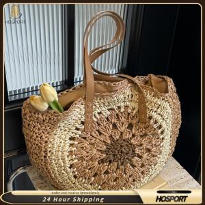 【HOSPORT】Round Beach Shoulder Bag with Zipper Closure Casual Tote Bag with Color Collision Vacation Bag Holiday Travel Handbag