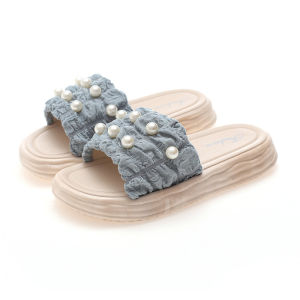 [Free Shipping] Pearl fabric platform sandals for women spring outdoor wear thick-soled beach flip-flops versatile style