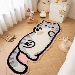 40*120cm Non-slip Soft Faux Cashmere Bedroom Carpet Absorbent Floor Mat Cute Cat Shaped Bedside Rug