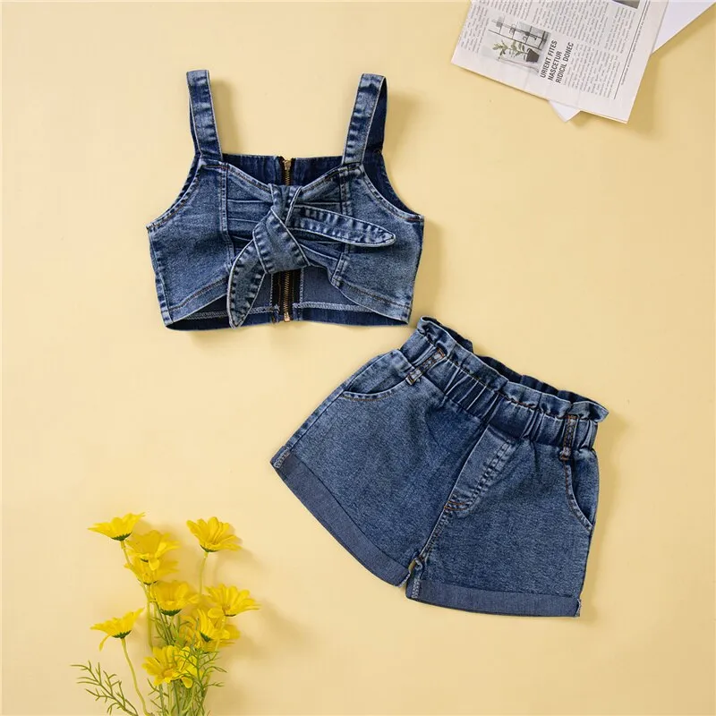 Forever CY Baby】Kids Baby Girl Denim Clothing Fashion Bow Bust