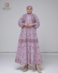 DISKON BELIFI | Amadia Midi Dress Katun Bordir Feminin Aksen Ruffle dan Renda Motif Abstrak Floral