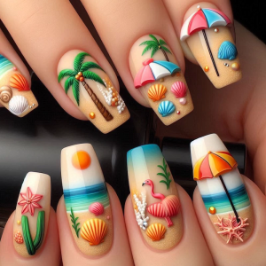 24 Pieces 3D Beach Press On Nail Medium Ballet Summer False Nail French Nail Art Tips Stick On Acrylic Nail for Women