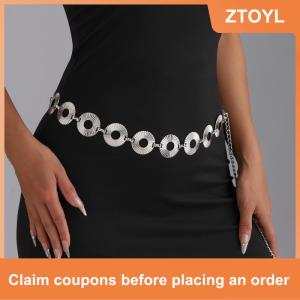 【ZTOYL】 Womens Fashion Circle Metal Chain Belt Fringes Ring Waist Chain Clothes Belt Waistband For Summer Beach