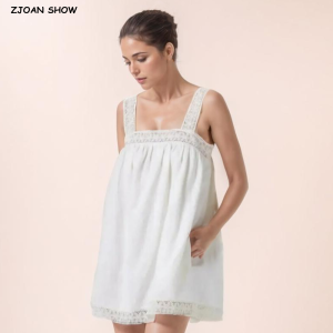 Holiday White Spliced Lace Slash Collar Strap Short Tank Dress Women Side Pockets Loose Straight Dresses Femme Vestidos Robe2026