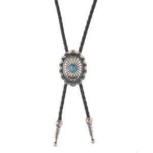 Elegant Turquoises Floral Pendant Bolo Tie Necklace Western Adjustable Leather Cord Necktie For Formal Event and Casual