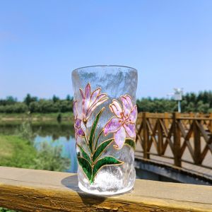 XGA38 Flower Design Hand-Painted Glass Cup Transparent Glacier Texture Beer Cup Trendy Creative Juice Cup Party