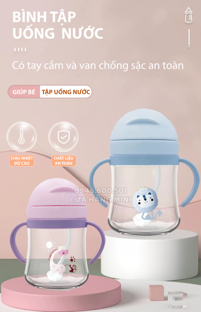 Bình Tập Uống Nước Có Tay Cầm, Van Chống Sặc