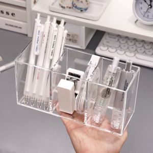 MKEB Clear Desk Pen Holder Simple Transparent Stationery Organizer Multifunction Display Pencil Storage Box Home Office
