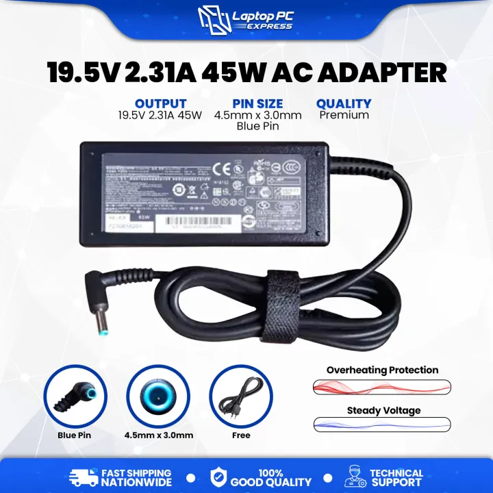 19.5V 2.31A 45W AC Adapter Charger For HP Laptop – Blue Tip, Black, 3-Year Warranty