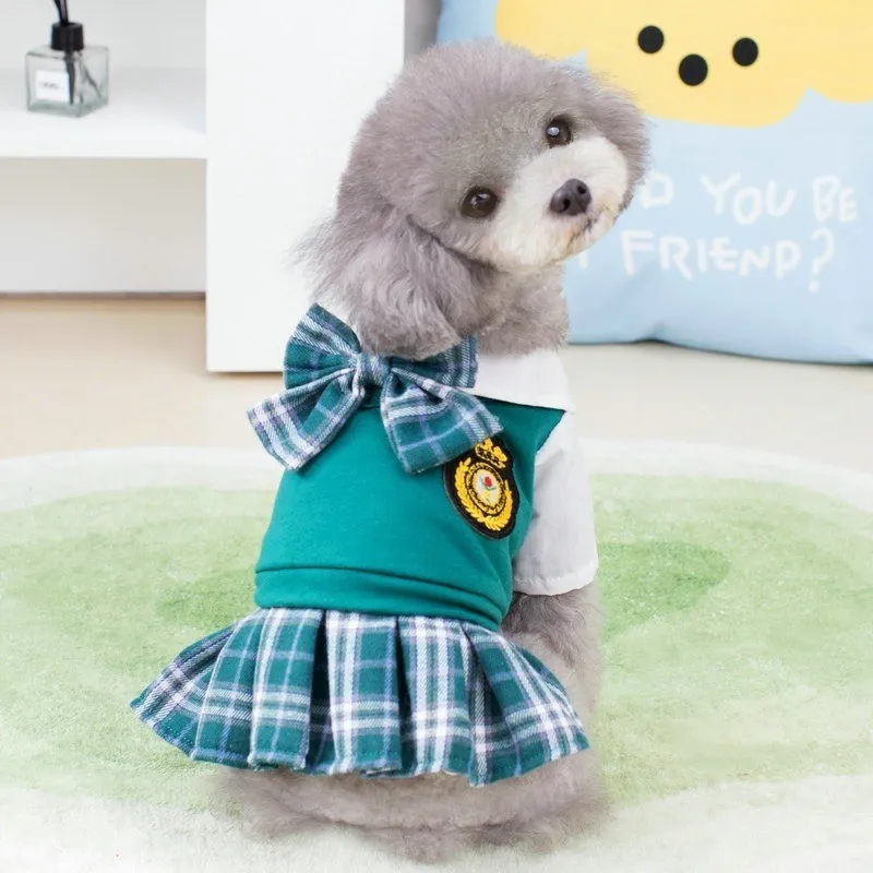 Pet Clothes Green Dog Shirt Summer Dog Cat JK Dress Puppy Couple Outfit Bow  Tie Pullover Pet Uniform Dress