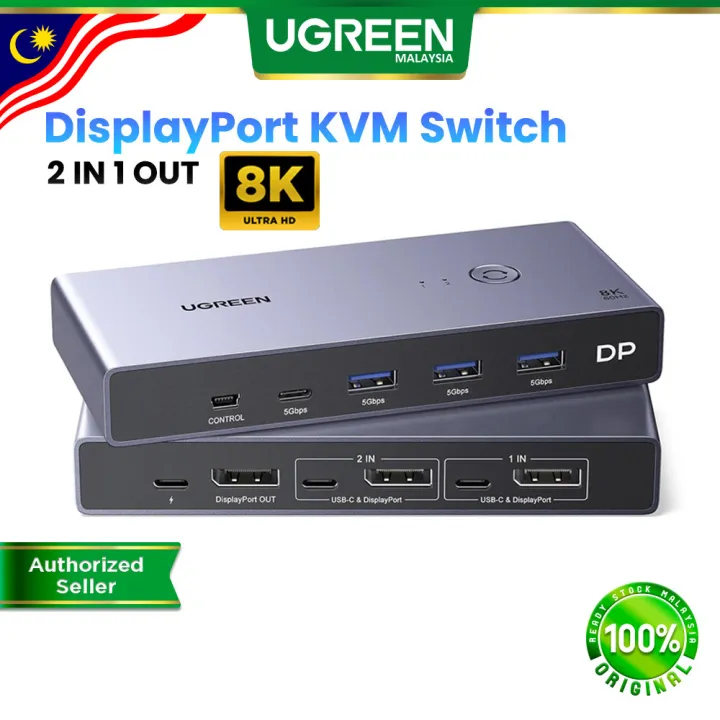 UGREEN DisplayPort KVM Switch 2 In 1 Out 8K60Hz Ultra HDR DP1.4 USB 3.0 5Gbps High Speed Transfer Windows MacOS Linux