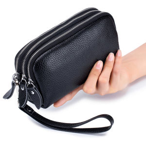 Novco Genuine Leather Women Long Wallet 3-Layer Zipper Clutch Purse Bag New Large Capacity Wristlet Wallet Phone Bag Money Pocket Lady Coin Purse With a Wristlet Strap