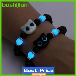 bashijian Cute Big Eye Cat Luminous Bracelets For Women Cartoon Animal Pendant Beaded Hand Chain Friendship Couple Bracelet Jewelry Gift