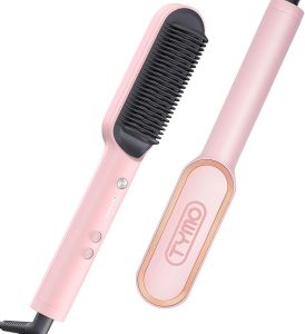TYMO Ring Hair Straightener Brush – Hair Straightening Iron with Built-in Comb 20s Fast Heating & 5 Temp Settings & Anti-Scald Perfect for Professional Salon at Home Sakura Pink