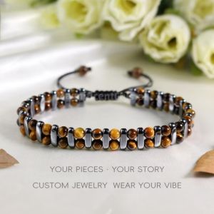 DRESSPLUS Handmade Vintage Beaded Bracelet Adjustable Retro Tiger Eye Stone Bracelet Creative Hand Jewelry Double Row Woven Bracelet Jewelry