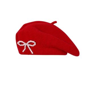 LUCKFRE Ngọc trai Mũ Beret có nơ Đan móc Màu đơn sắc Mũ Beret len Mũ nghệ sĩ Mềm mại Mũ len Phụ nữ