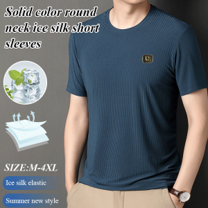 Mens ice silk stretch round neck shortsleeved summer thin tops dad Tshirt