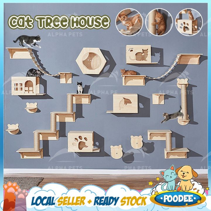Cat Wall Shelves & Climber - Wooden Floating Tower With Stairs, For Windows, Scratching & Play