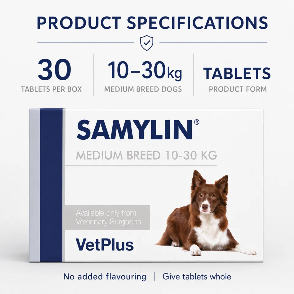 VetPlus SAMYLIN Medium Breed - 30 Coated Tablets for Dogs 10-30kg