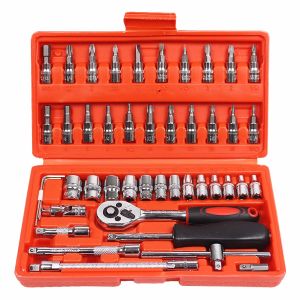 Kunci Socket Wrench 46 pcs Pas Socket Set 1/4 Car Repair Tool Kit Sok Shok Socket Wrench Obeng Peralatan Perkakas Reparasi Perbaikan Service Bengkel Mobil Motor Universal Kombinasi Emergency Multifungsi Praktis Murah Bagus