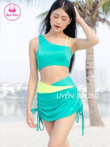 Đồ bơi nữ bikini hai mảnh phối màu cá tính chân váy rút dây cạp cao đồ đi biển bikini kín đáo