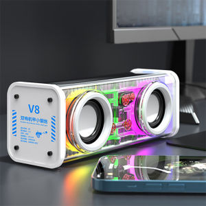 PsDs 10 Watts Dual Deep-Bass Driver Bluetooth TWS Futuristic Transparent Armour RGB V8 Speaker TF Card Build-in 1800mAh Rechargeable Battery