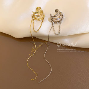 Frascati 1 Pcs Multi-Layer Geometric Clip Earrings Shiny Zircon Ear Bone Clip Earring Metal Pearl Long Chain Tassel Earring Ear Jewelry
