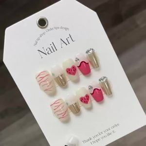 [HANDMADE]Artificial Nail pink flame babes magic mirror heart hand-painted contrasting color diamonds Phototpy Nails Reusable and Removable Nails