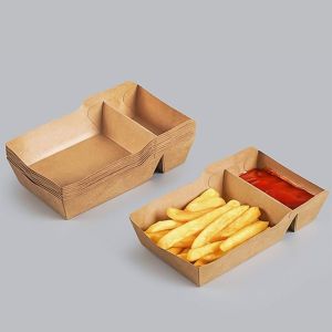 AMELY 50Pcs 320/440/520ML Capacity Disposable Food Serving Tray Eco-Friendly Two Grids Snack Fries Plate Thickened Oil-proof Take Out Container Kitchen Tableware