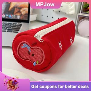 【MPJow】 Cute Red Apple Embroidered Star Pencil Case Cartoon Portable Cosmetic Bag Pencil Bag Storage Bag Stationery Pouch Student Gifts