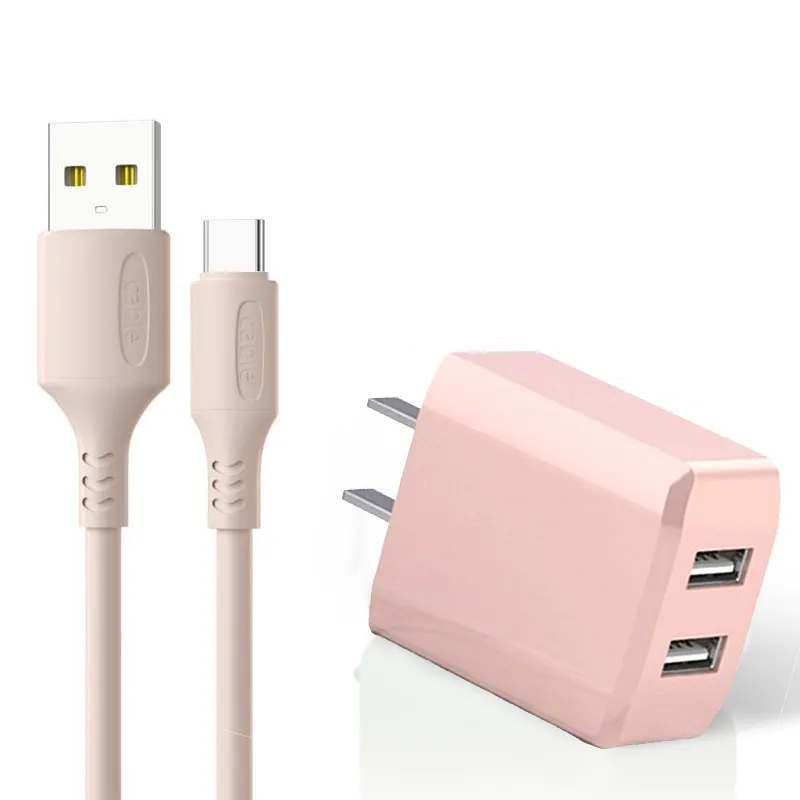 New Macaron Charger Adapter with Cable Set 5V2A Fast Charging USB Universal  Dual-port Charger Set for iPhone/Android/Type C US Plug Wall Charger with 