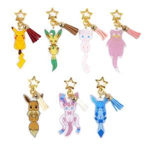 REEBO Anime Figures Pikachu Keychain Cartoon Acrylic Pikachu Key Ring Trinket Eevee Leafeon Keychain Bags Key Ring