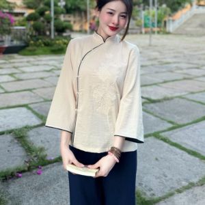 Sen Ngọc - Đồ lam đi chùa cổ tàu vải đũi cao cấp Pháp phục lễ chùa khuy chéo cúc ngọc - Pháp Phục Linh Sơn