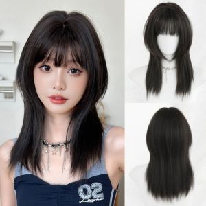 MAOMEI Dài Tóc giả đuôi sói có mái Tổng hợp Đen Nâu Tóc thẳng dài vừa phải Nhẹ Điểm nổi bật màu hồng Tóc giả thời trang nhiều lớp cao cấp dành cho phụ nữ