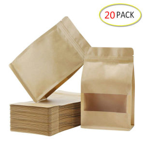 Kraft Zip Lock Paper Bags Reusable Food Bag Stand Up Pouches with Matte Window 50Pcs Brown(14x20cm) Food Storage Bag Seal