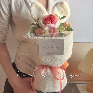 Mishilei Artificial Roses Bouquet Handmade Rabbit Ear Knitted Plush Flower Bundle Valentine Mothers Day Birthday Gifts