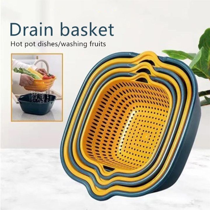 pcs Set Double-layer Drain Basket Plastic Vegetable Washing Basket Wash  Basin Household Kitchen Washing Box Multifunctional Fruit Drain Basket