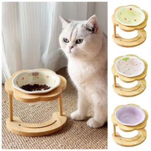 PUZHE ป้องกันการลื่น ชามเซรามิกรูปแมว ป้องกันการอาเจียน เอียง15องศา ชามอาหารสุนัขยกสูง มัลติฟังก์ชั่ รูปทรงดอกไม้ สถานีให้อาหารแมว ลูกแมว/ลูกสุนัข/กระต่าย