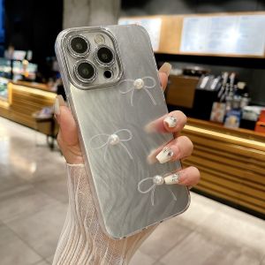 Trường hợp đối với iPhone 15 Pro Max 14Promax 13Pro Ống kính bảo vệ với xách tay Handstrap long lanh cứng bìa cho iphone11promax nút thắt hình bướm ngọc trai