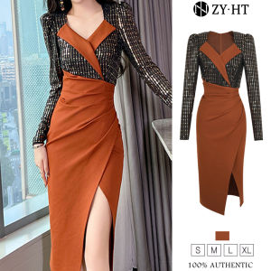 ZYHT EraVogue Womens Dresses Orange Dress Long Sleeve Dresses Sequin Dresses Work Dresses High-class Dresses Vintage Dresses Event Dresses Party Dresses French Dresses 30763