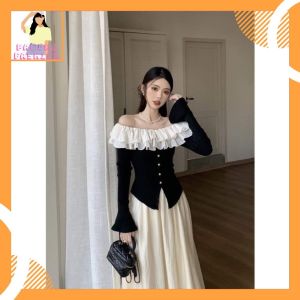 Sét Váy Áo Trễ Vai Tăm Phối Bèo Von + Chân Váy Dài Von Padora-B930