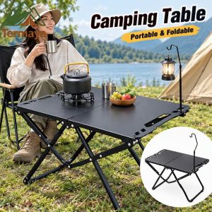Termaya Portable Camping Table Foldable Picnic BBQ Table With Light Stand Carbon Steel Quick Setup