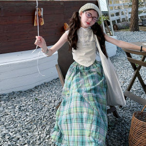 Summer 2025 New Fashion Girls Asymmetrical Sleeveless Top And Plaid Skirt Set Childrens Outfit Two-Piece Clothing Set for Kids H260702